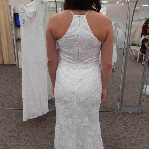 Sequin Leaf-Appliqued High Neck Sheath Gown - Picture 9 of 9